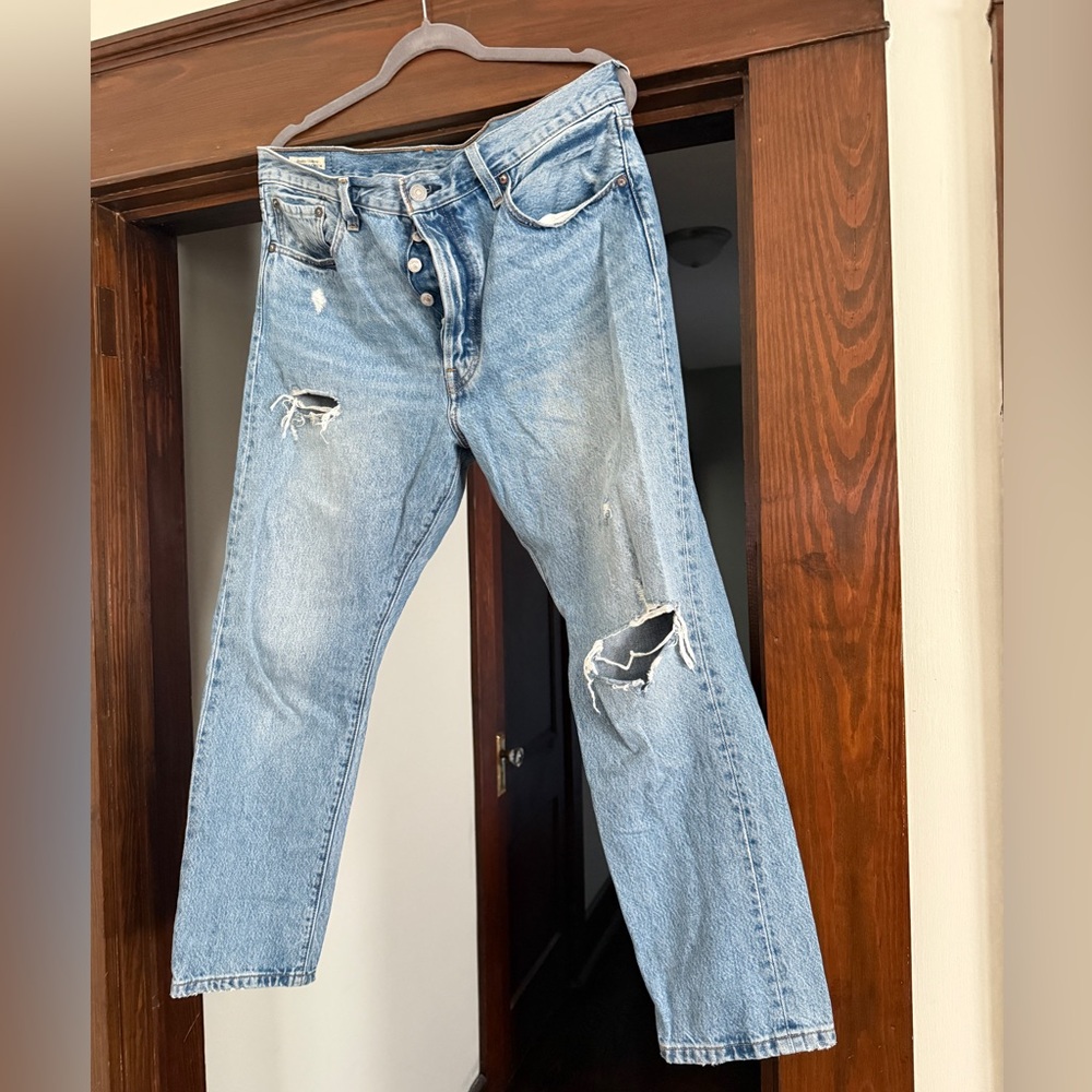 Levi's Blue Straight Leg Jeans with Distressed Style